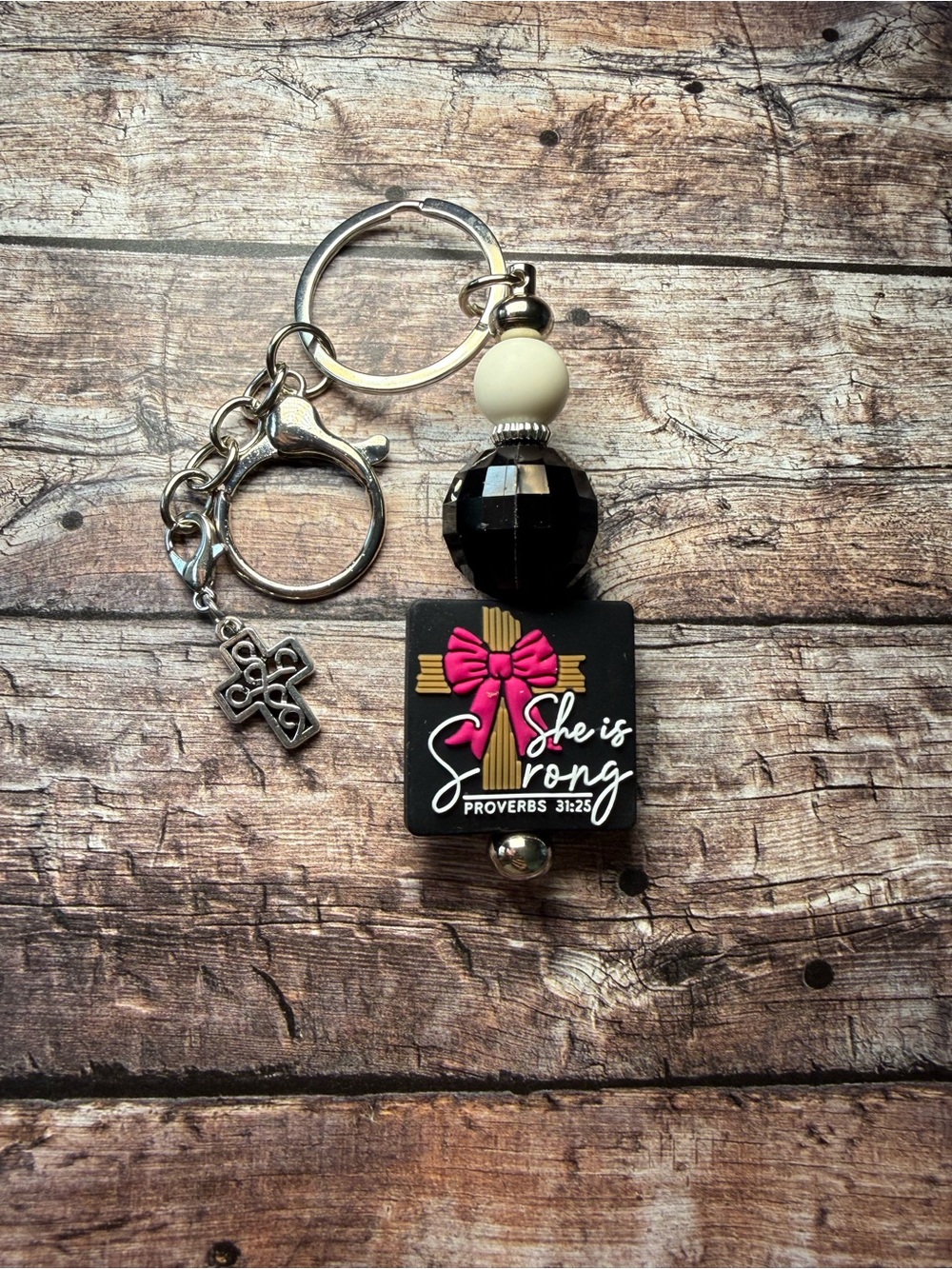 She Is Strong Black & Pink Inspirational Keychain - Women Accessories